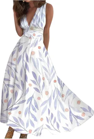 Flowy Dresses for Women Deep V Neck Cute Sleeveless Long Dress Elegant Sexy Floral Dresses Swing Maxi Casual Dress