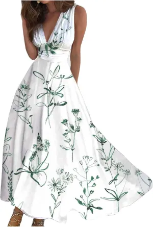Flowy Dresses for Women Deep V Neck Cute Sleeveless Long Dress Elegant Sexy Floral Dresses Swing Maxi Casual Dress