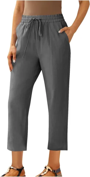 FZYLQY Womens Casual Linen Drawstring Pants with Pockets Relaxed Fit Trousers for 2025 Summer Beach Vacation Wear