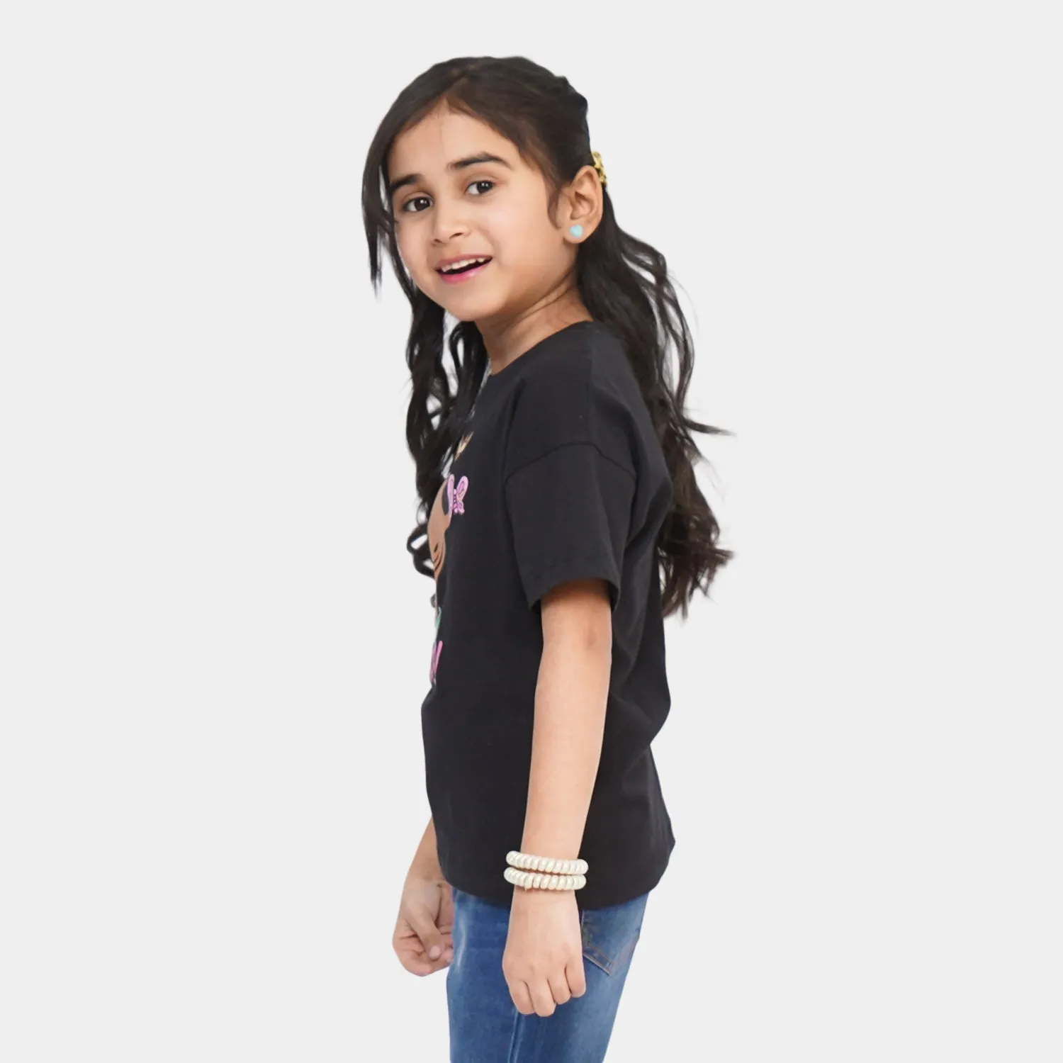 Girls Cotton T-Shirt Character - Jet Black