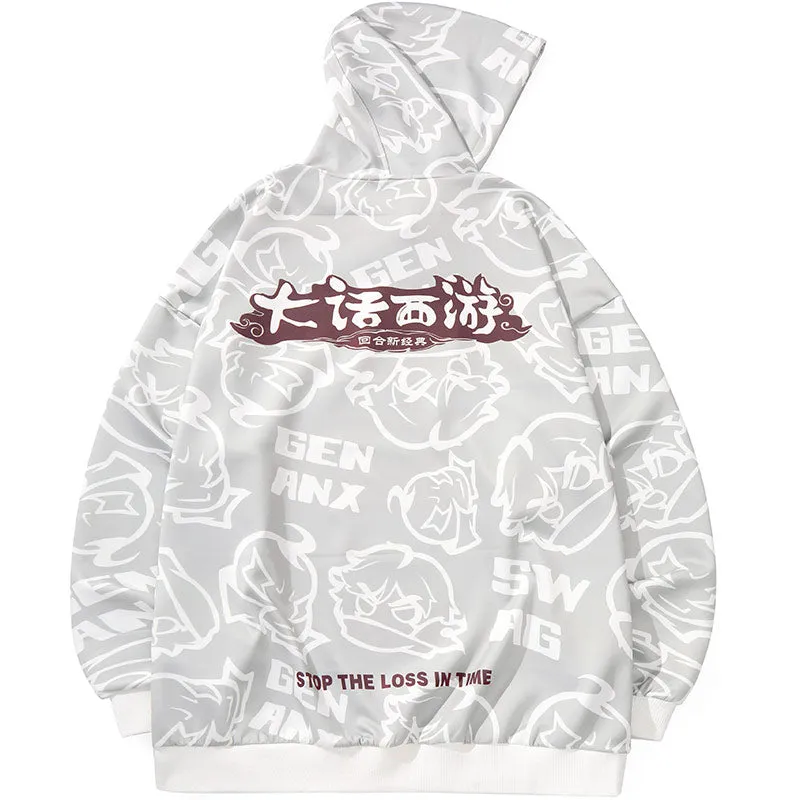 Gray Cartoon Drop-Shoulder Sleeve Hoodies