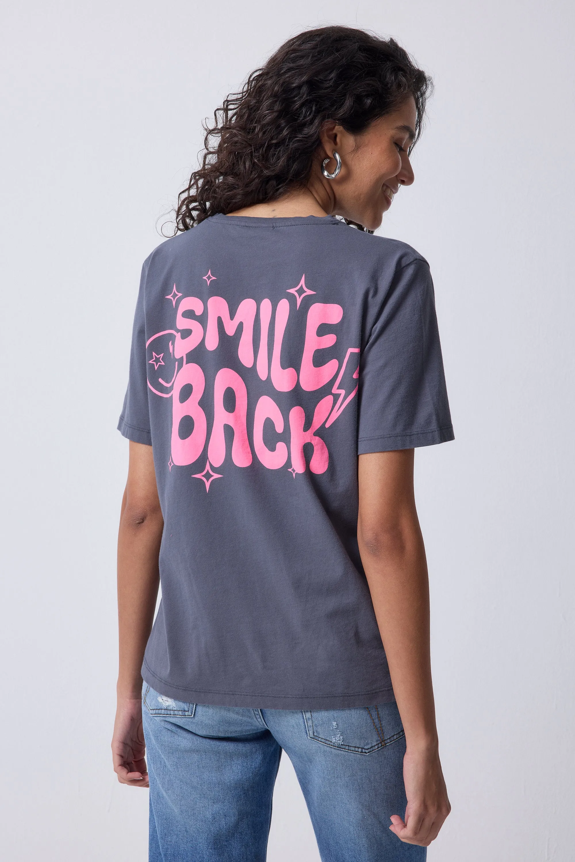 Grey with Neon Pink Smile Back Slogan T-Shirt