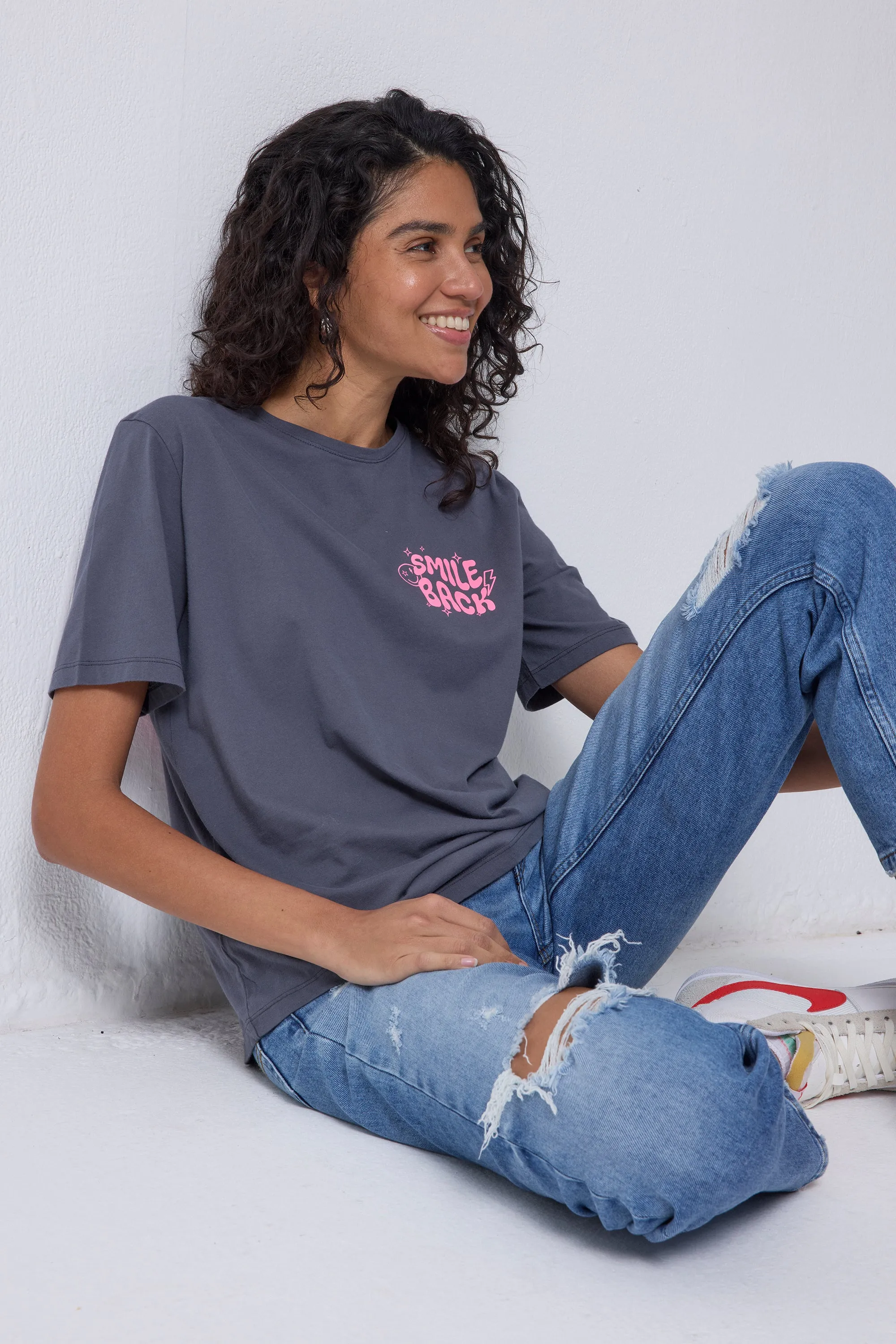 Grey with Neon Pink Smile Back Slogan T-Shirt