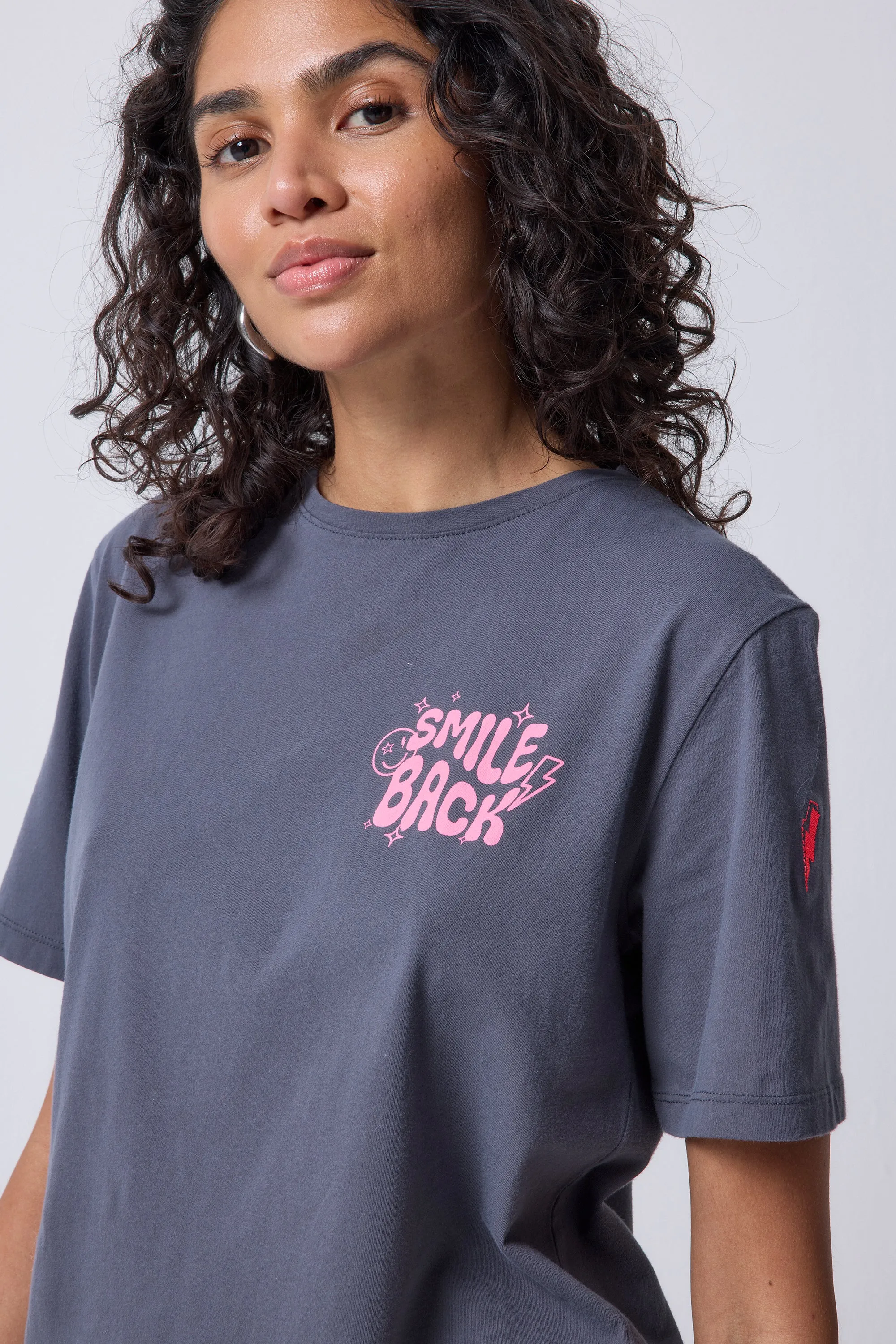Grey with Neon Pink Smile Back Slogan T-Shirt