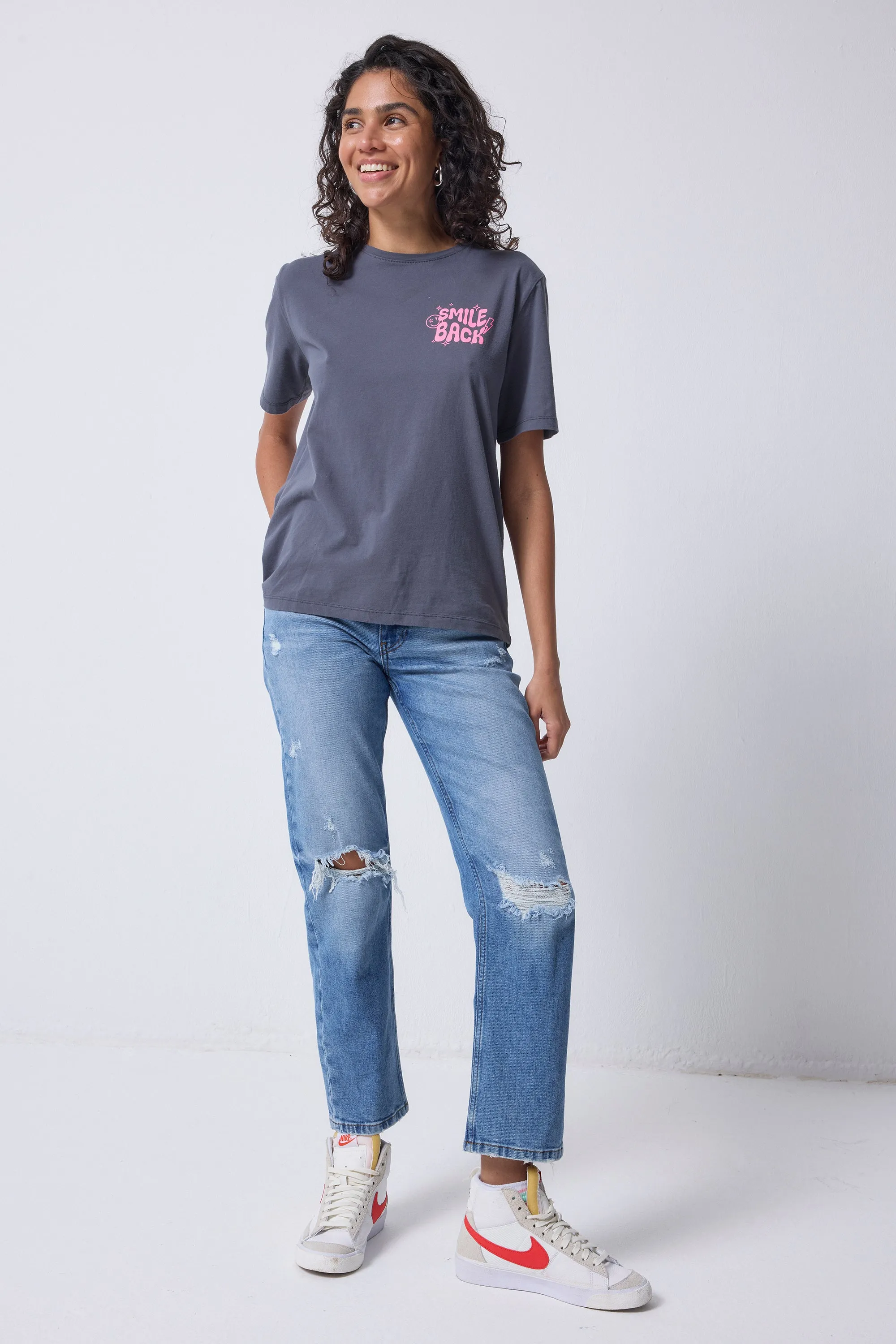 Grey with Neon Pink Smile Back Slogan T-Shirt
