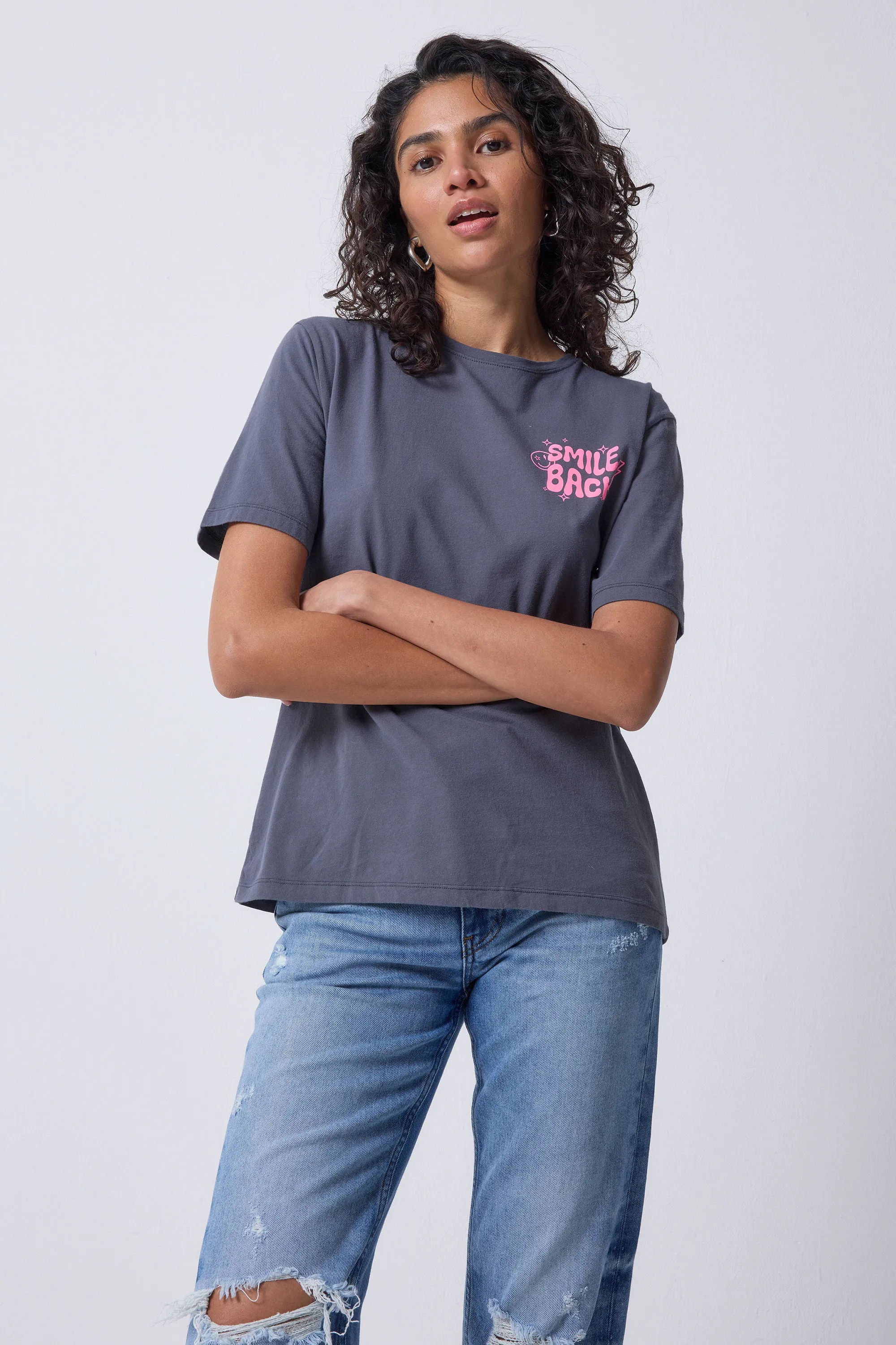 Grey with Neon Pink Smile Back Slogan T-Shirt