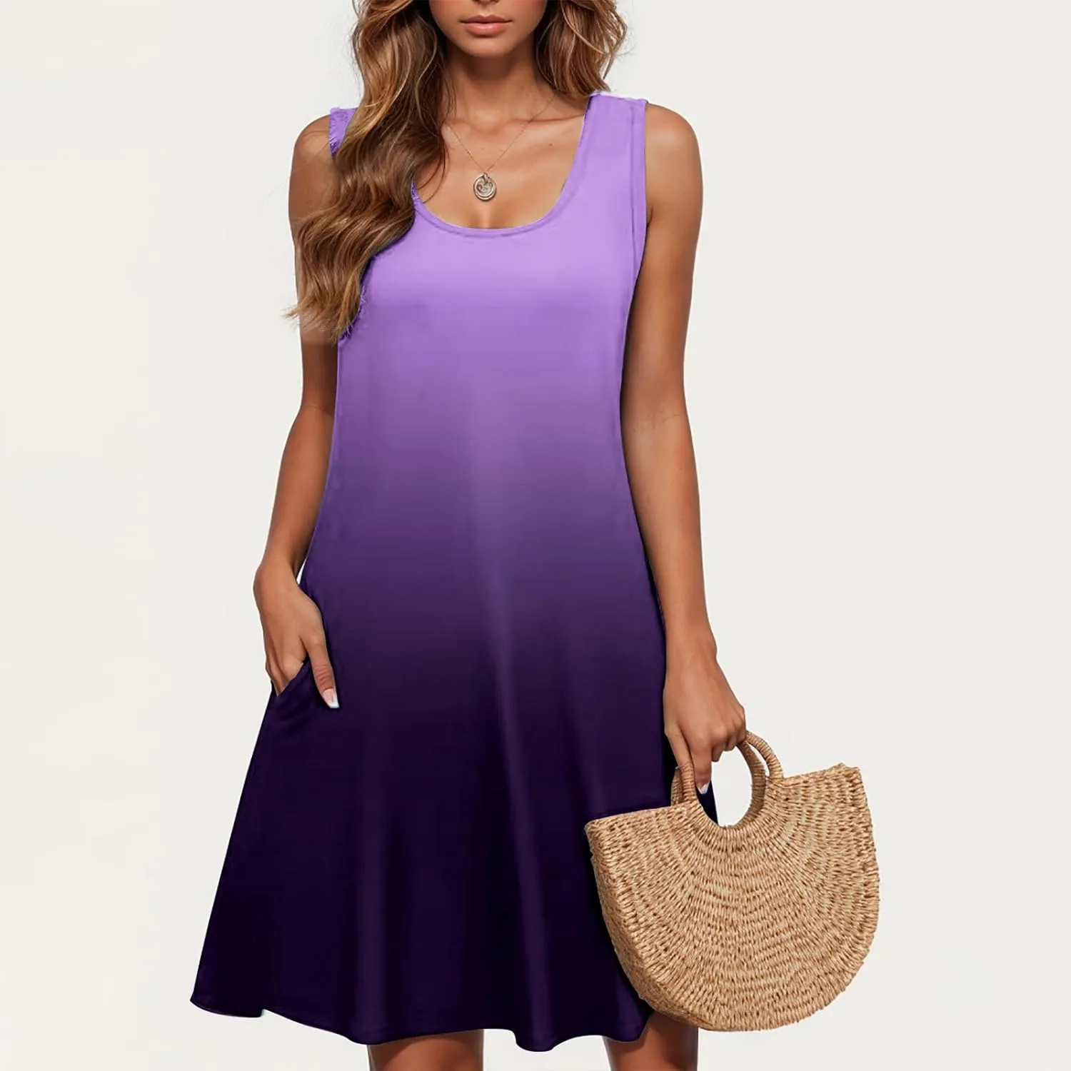 hlysgo Mini Dresses for Women 2025 Summer Casual Coverup Tank Dress Trendy Sleeveless Crew Neck Beach Sundress with Pockets