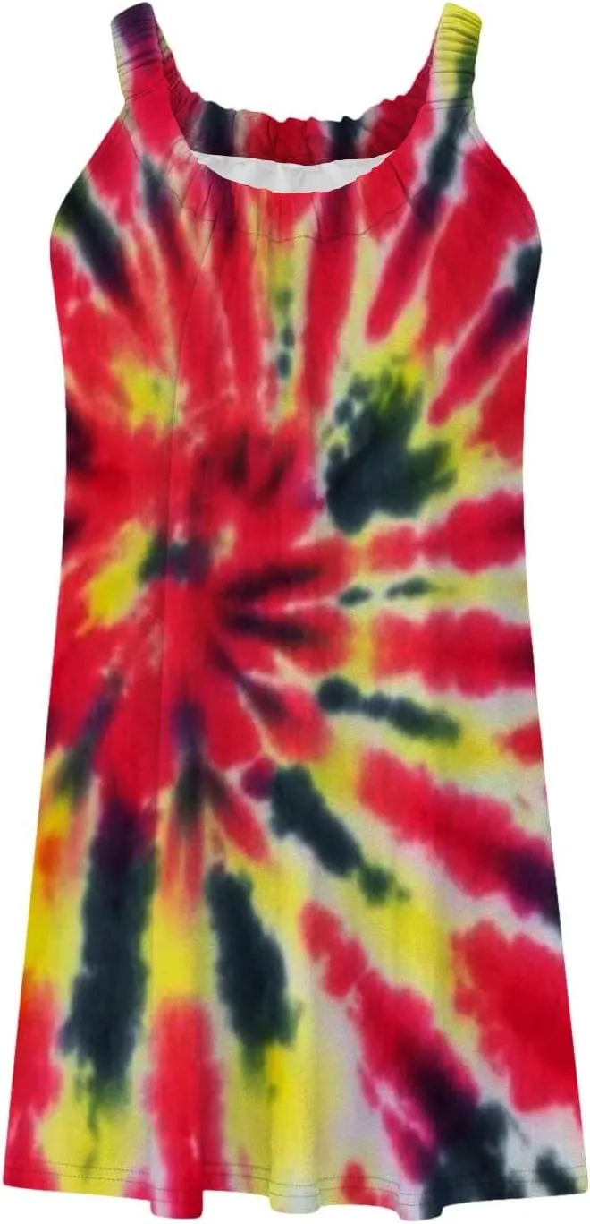 hlysgo Mini Dresses for Women 2025 Summer Tie-Dye Print Short Beach Coverup Dress Casual Loose Fit Sleeveless Mini Sundress