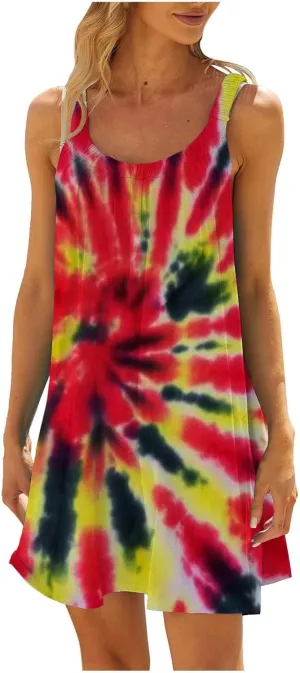 hlysgo Mini Dresses for Women 2025 Summer Tie-Dye Print Short Beach Coverup Dress Casual Loose Fit Sleeveless Mini Sundress