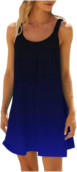 hlysgo Petite Dresses for Women Trendy Gradient Beachwear Coverup Sleeveless Crewneck Mini Dress Summer Knee Length Sundress