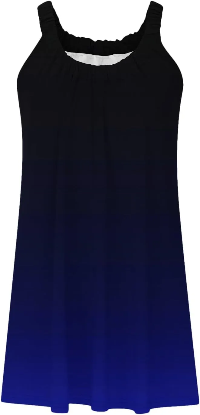 hlysgo Petite Dresses for Women Trendy Gradient Beachwear Coverup Sleeveless Crewneck Mini Dress Summer Knee Length Sundress