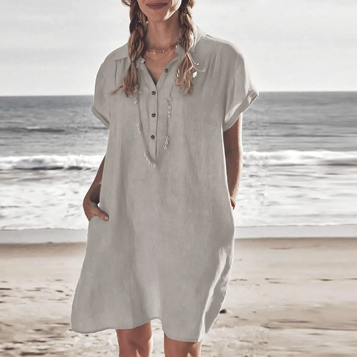 hlysgo Tshirt Dresses for Women with Pockets 2025 Summer Short Sleeve Mini Dress Casual Loose Comfy Cotton Linen Beach Dress