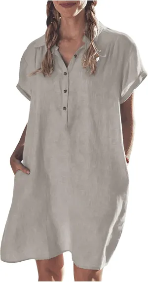 hlysgo Tshirt Dresses for Women with Pockets 2025 Summer Short Sleeve Mini Dress Casual Loose Comfy Cotton Linen Beach Dress