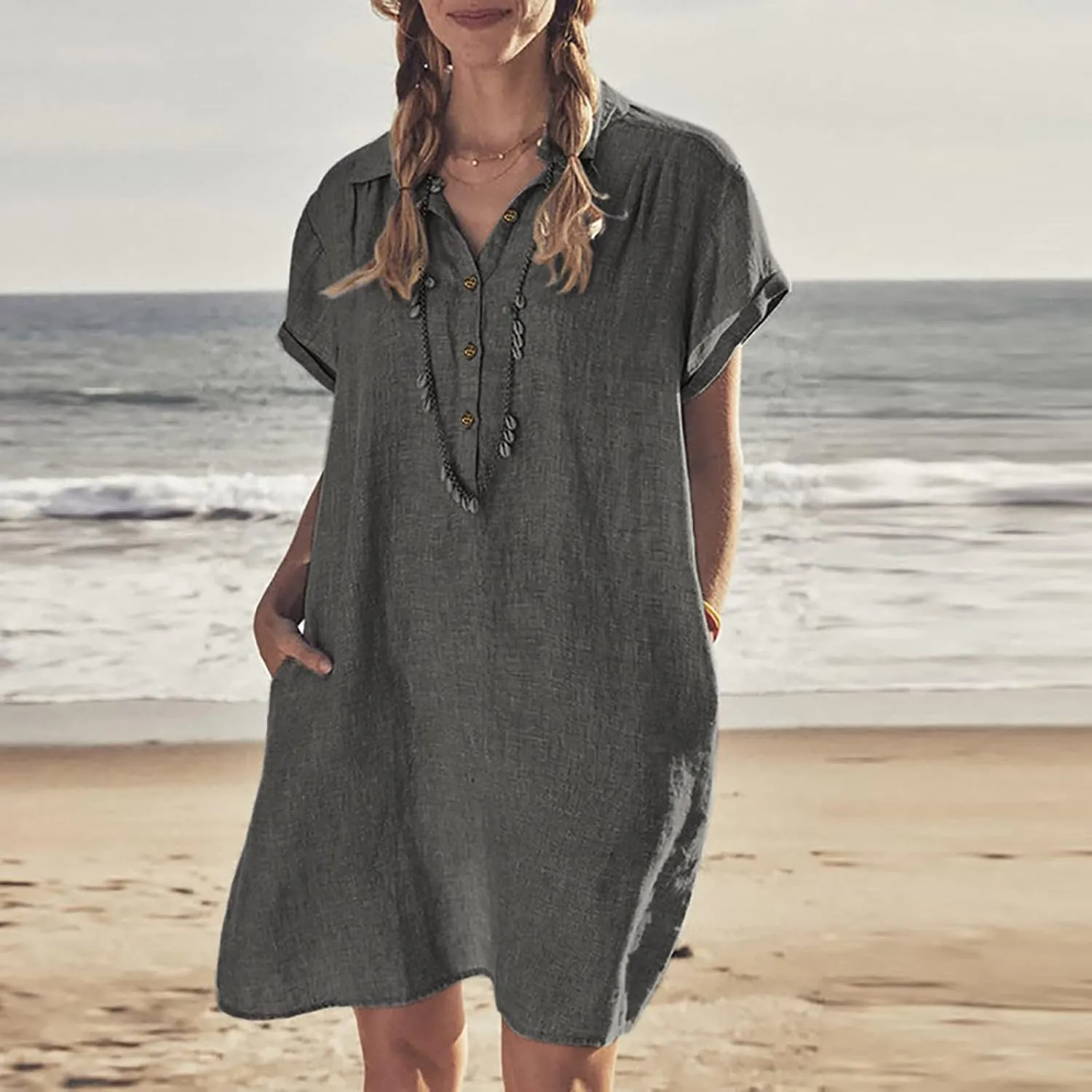 hlysgo Tshirt Dresses for Women with Pockets 2025 Summer Short Sleeve Mini Dress Casual Loose Comfy Cotton Linen Beach Dress