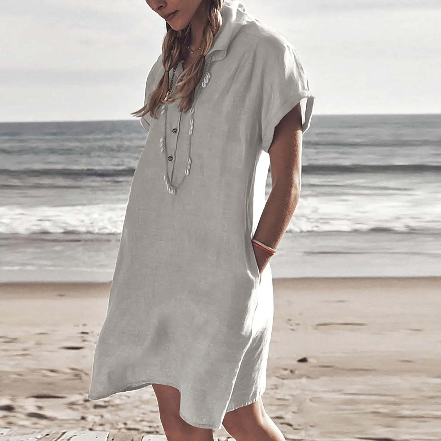 hlysgo Tshirt Dresses for Women with Pockets 2025 Summer Short Sleeve Mini Dress Casual Loose Comfy Cotton Linen Beach Dress