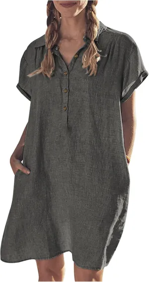 hlysgo Tshirt Dresses for Women with Pockets 2025 Summer Short Sleeve Mini Dress Casual Loose Comfy Cotton Linen Beach Dress