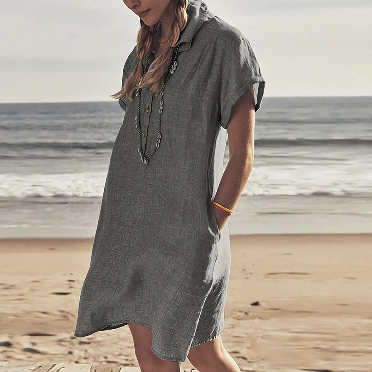 hlysgo Tshirt Dresses for Women with Pockets 2025 Summer Short Sleeve Mini Dress Casual Loose Comfy Cotton Linen Beach Dress