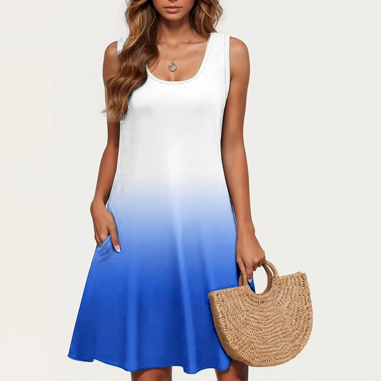 hlysgo Womens Coverup Dress 2025 Summer Sleeveless Crew Neck Mini Dress Trendy Gradient Short Beach Sundress with Pockets