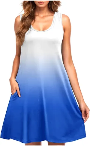 hlysgo Womens Coverup Dress 2025 Summer Sleeveless Crew Neck Mini Dress Trendy Gradient Short Beach Sundress with Pockets
