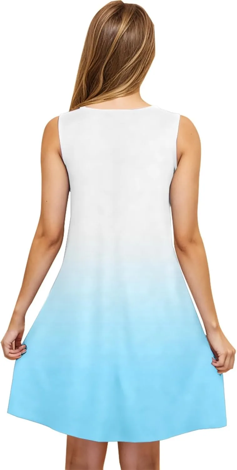 hlysgo Womens Coverup Dress 2025 Summer Sleeveless Crew Neck Mini Dress Trendy Gradient Short Beach Sundress with Pockets