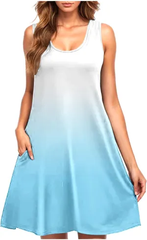 hlysgo Womens Coverup Dress 2025 Summer Sleeveless Crew Neck Mini Dress Trendy Gradient Short Beach Sundress with Pockets