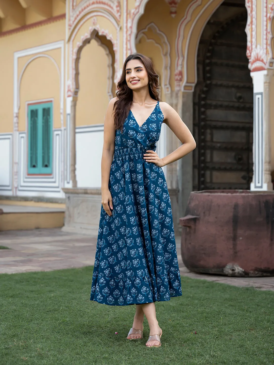 Jashvi Indigo Blue Floral Print Pure Cotton Fit & Flare Dress