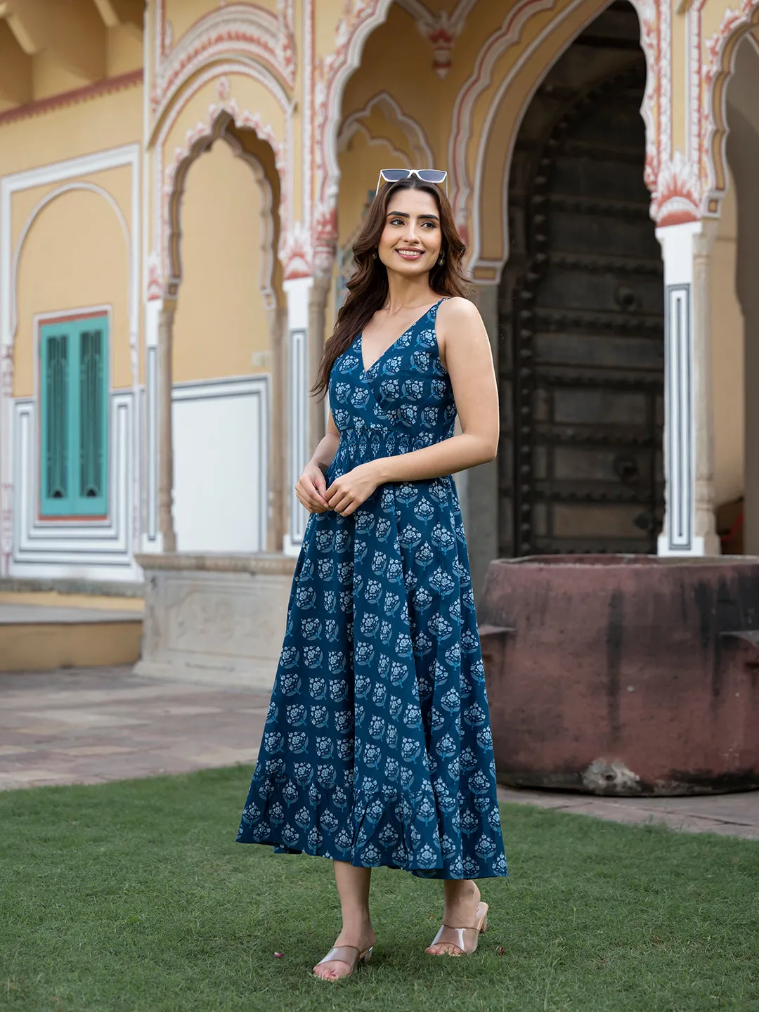 Jashvi Indigo Blue Floral Print Pure Cotton Fit & Flare Dress