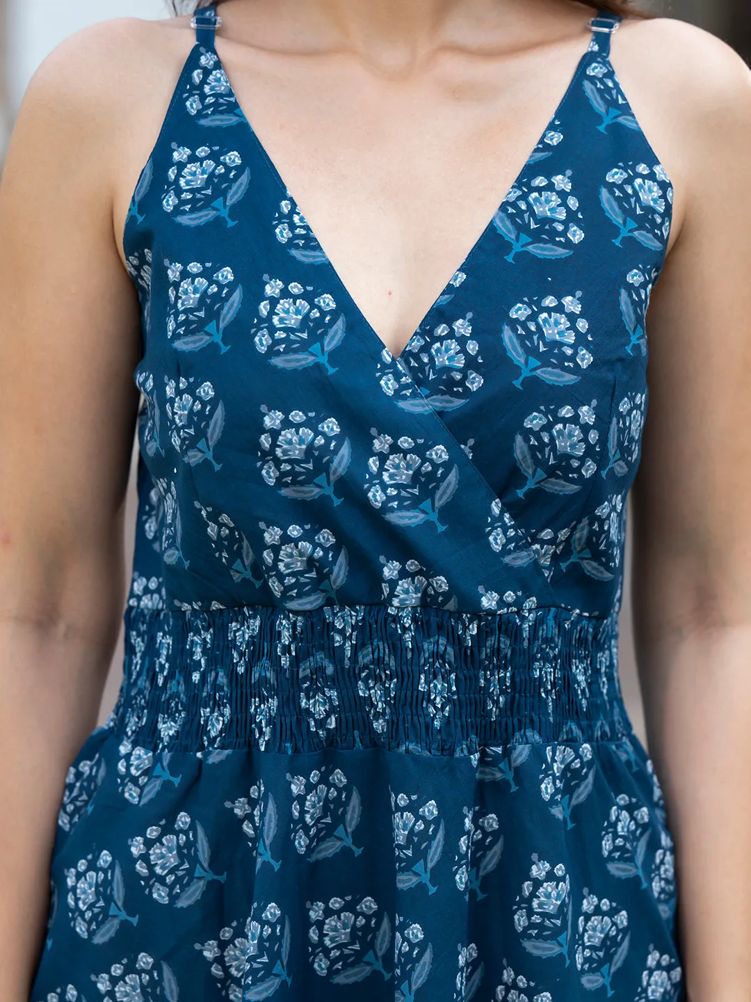 Jashvi Indigo Blue Floral Print Pure Cotton Fit & Flare Dress