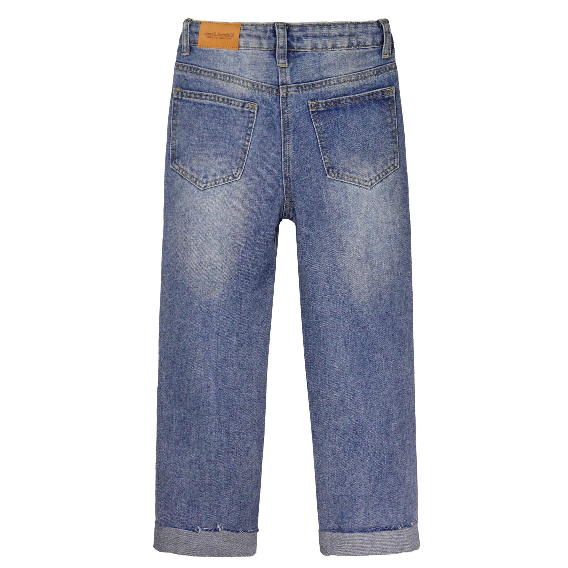Kids Ripped Elastic Band Inside Rolled Up Raw Edge Leg Slim Jeans