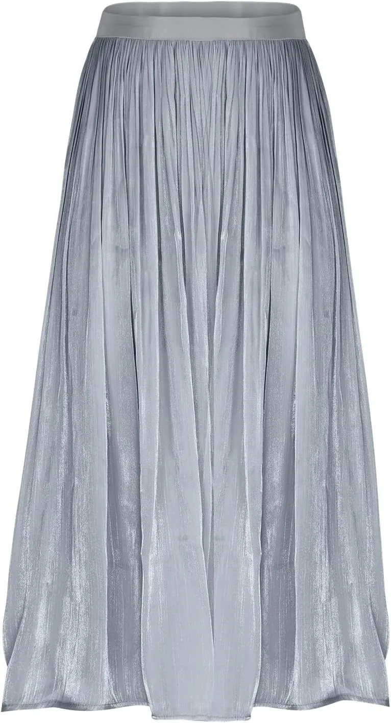 Ladies Trendy Elegant Tulle Skirt Pleated High Waist Tummy Control Midi Skirts Party Dance A-Line Swing Skirt Dress