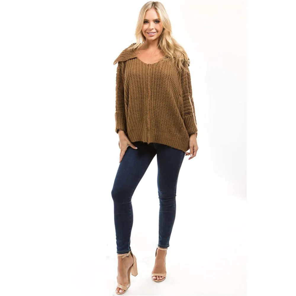 Lapel Pure Color Long Sleeves Irregular V-neck Regular Sweater