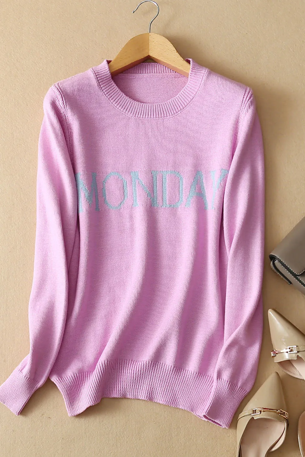 Letter Print Scoop Candy Color Slim Pullover Sweater