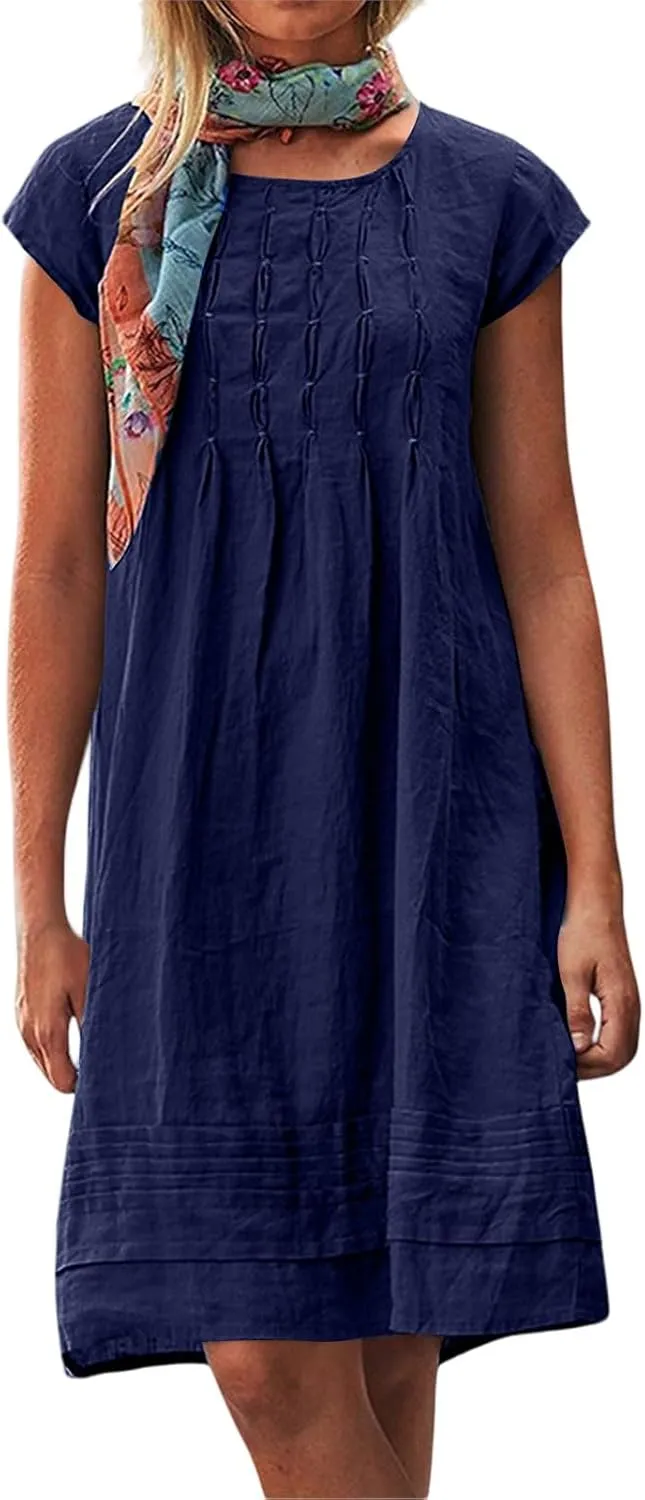 Linen Dress Women 2025 Summer Crew Neck Casual Midi Dress Plus Size Cap Sleeve Pleated Beach Dresses Vacation Outfits