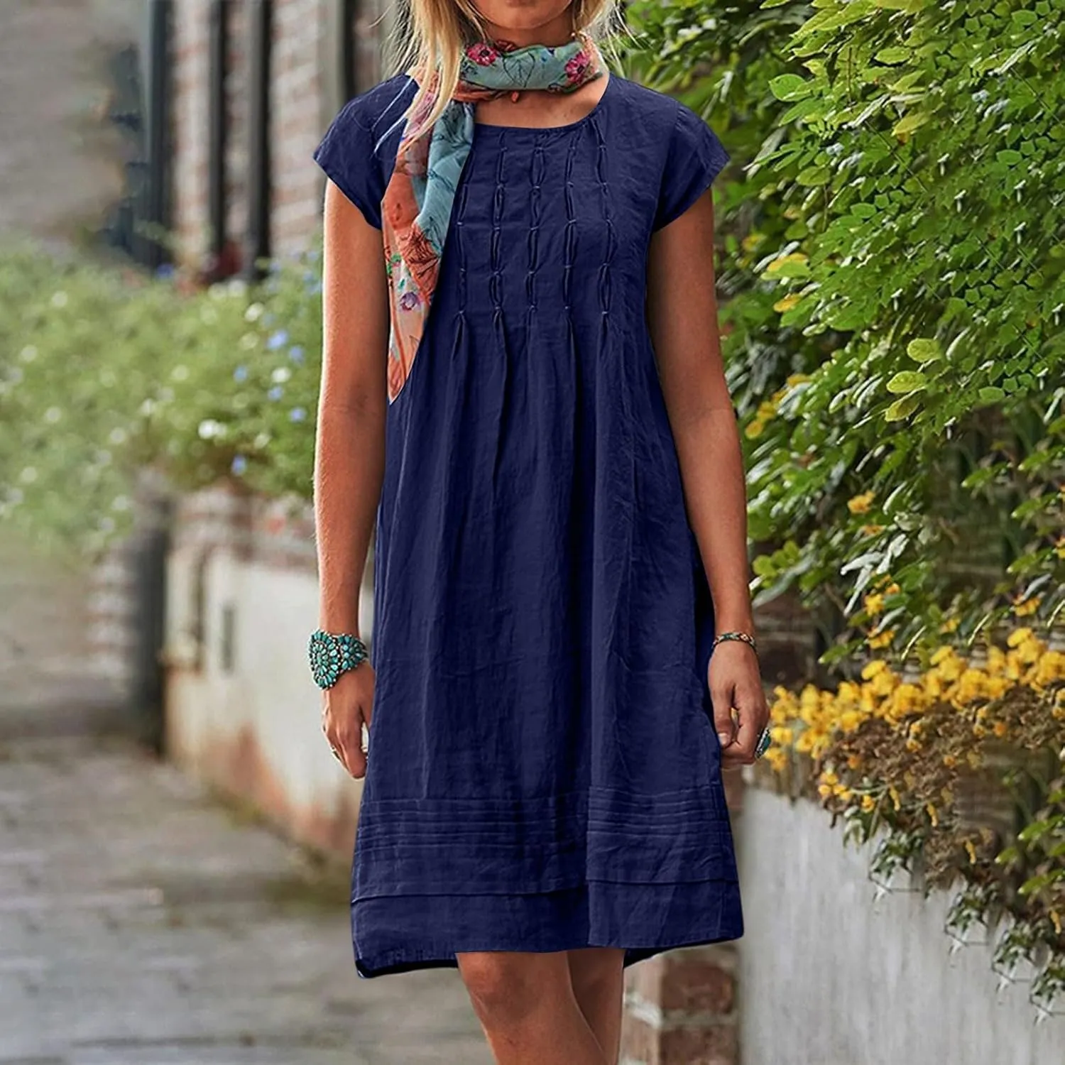 Linen Dress Women 2025 Summer Crew Neck Casual Midi Dress Plus Size Cap Sleeve Pleated Beach Dresses Vacation Outfits
