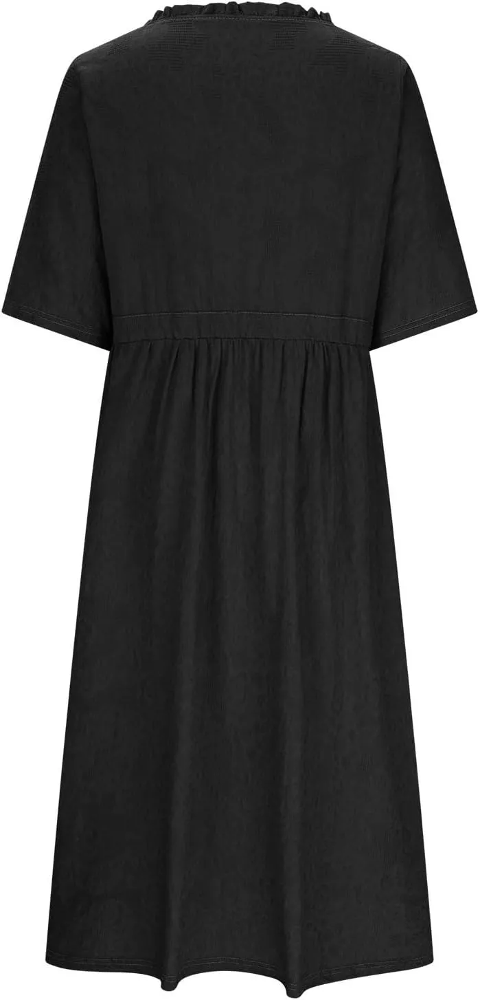 Linen Dresses for Women 2025,Plus Size Summer Short Sleeve Linen Dresses Drawstring Button Down Midi Dress Beach Dress