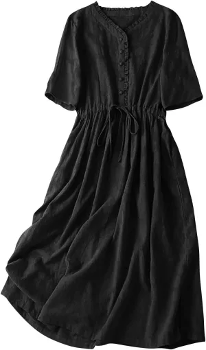 Linen Dresses for Women 2025,Plus Size Summer Short Sleeve Linen Dresses Drawstring Button Down Midi Dress Beach Dress