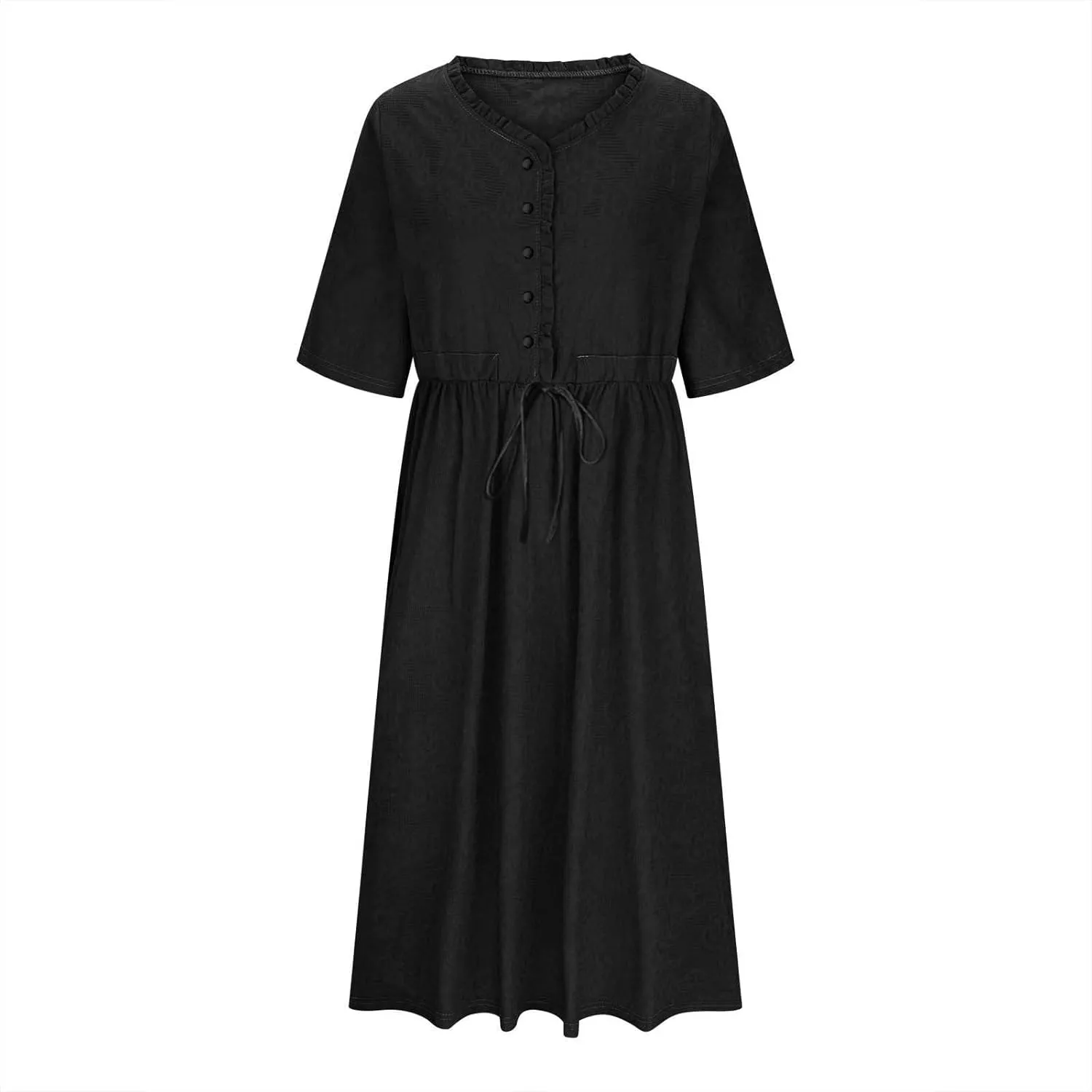 Linen Dresses for Women 2025,Plus Size Summer Short Sleeve Linen Dresses Drawstring Button Down Midi Dress Beach Dress