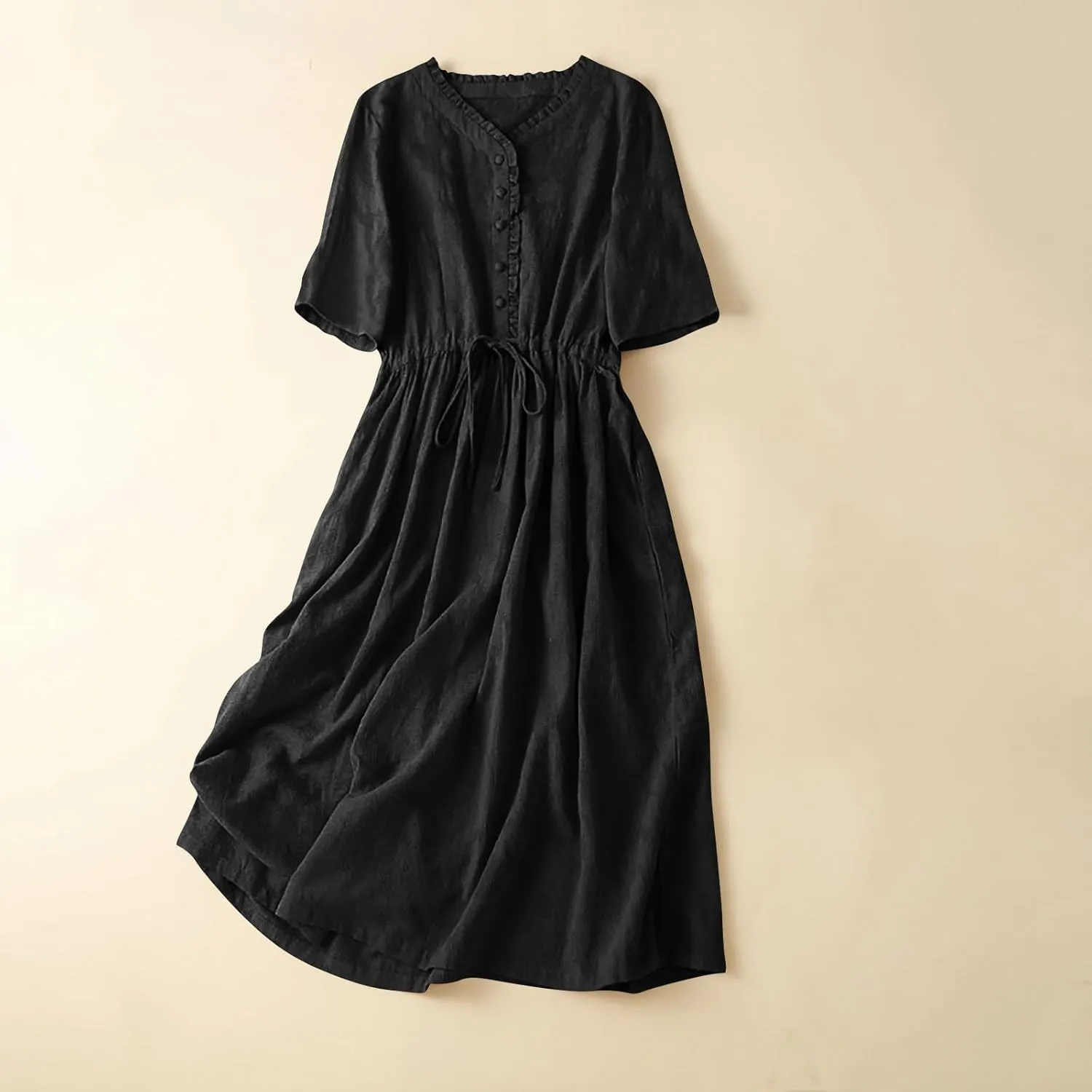 Linen Dresses for Women 2025,Plus Size Summer Short Sleeve Linen Dresses Drawstring Button Down Midi Dress Beach Dress