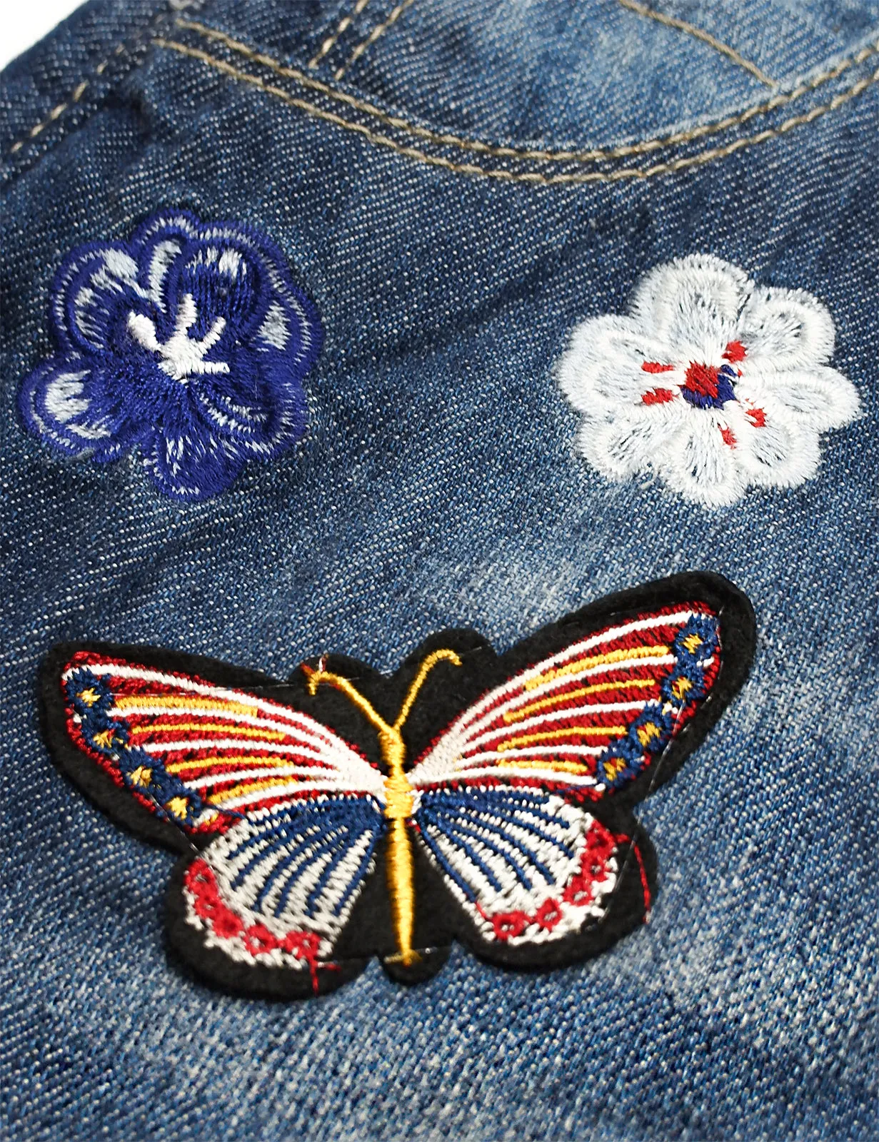 Little Girls Flower Butterfly Embroidered Jean Overall Dress