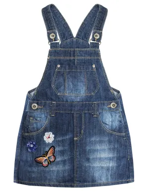 Little Girls Flower Butterfly Embroidered Jean Overall Dress