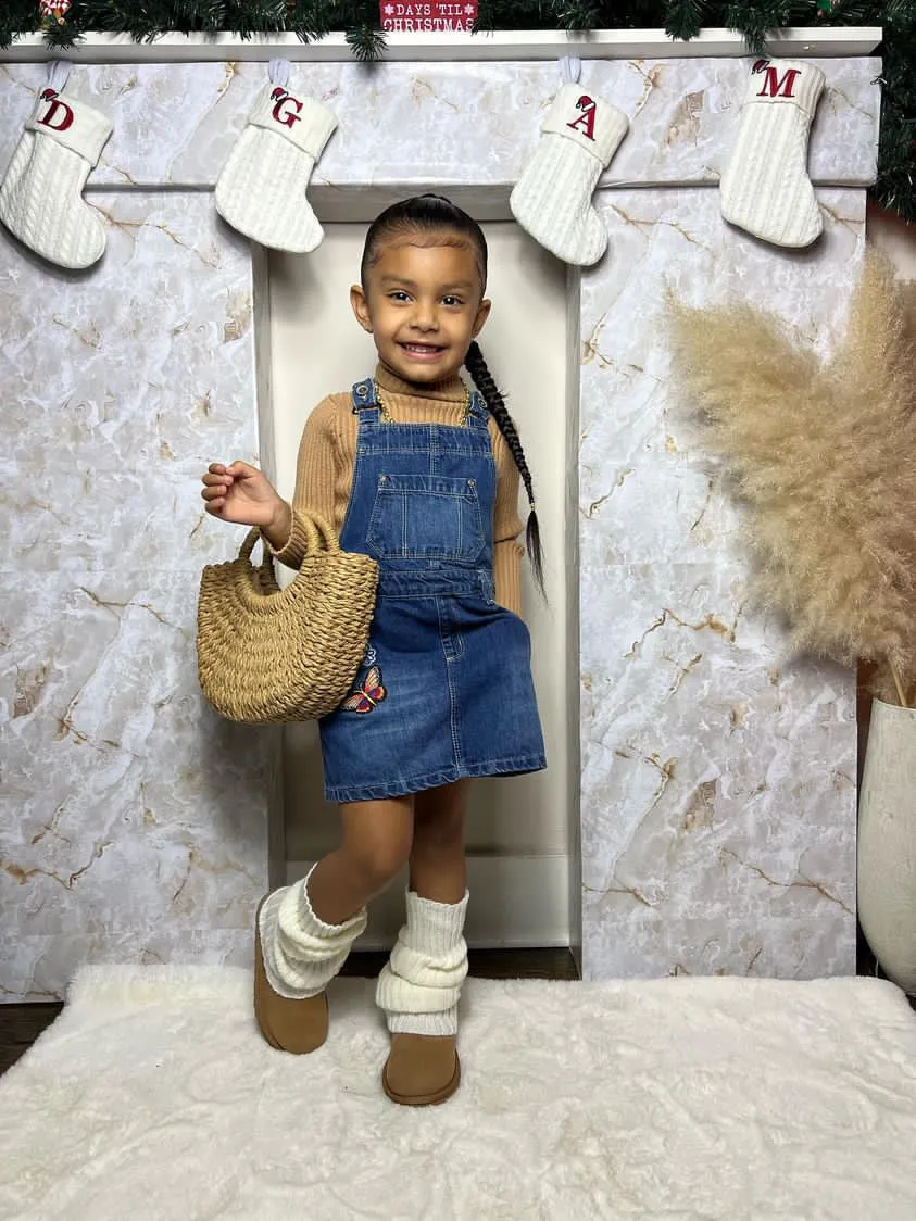 Little Girls Flower Butterfly Embroidered Jean Overall Dress