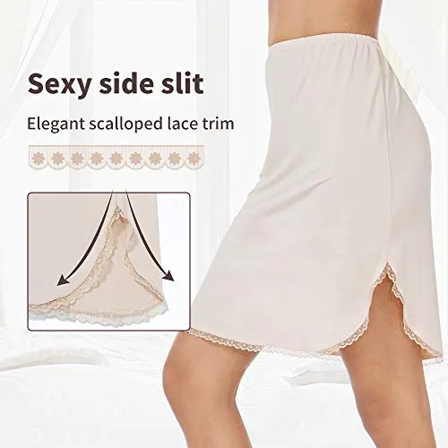 MANCYFIT Half Slips for Women Underskirt Short Mini Skirt with Floral Lace Trim Nude Medium