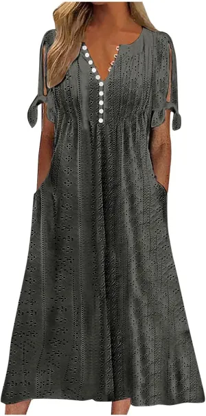 Maxi Dresses for Women 2025 Casual Short Sleeve Eyelet Dresses V Neck Loose Fit Sundress Summer Beach Vacation Dress