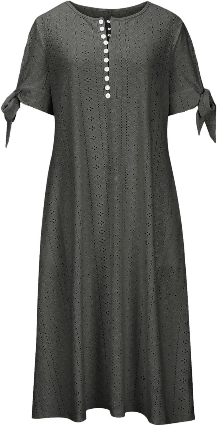 Maxi Dresses for Women 2025 Casual Short Sleeve Eyelet Dresses V Neck Loose Fit Sundress Summer Beach Vacation Dress