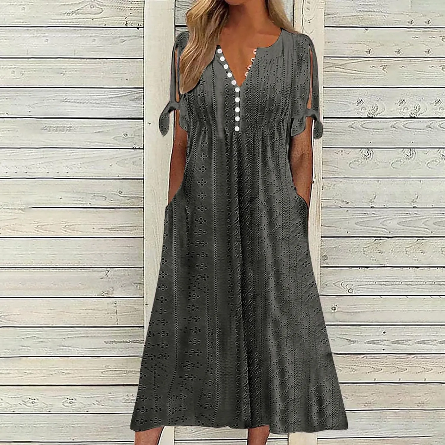 Maxi Dresses for Women 2025 Casual Short Sleeve Eyelet Dresses V Neck Loose Fit Sundress Summer Beach Vacation Dress