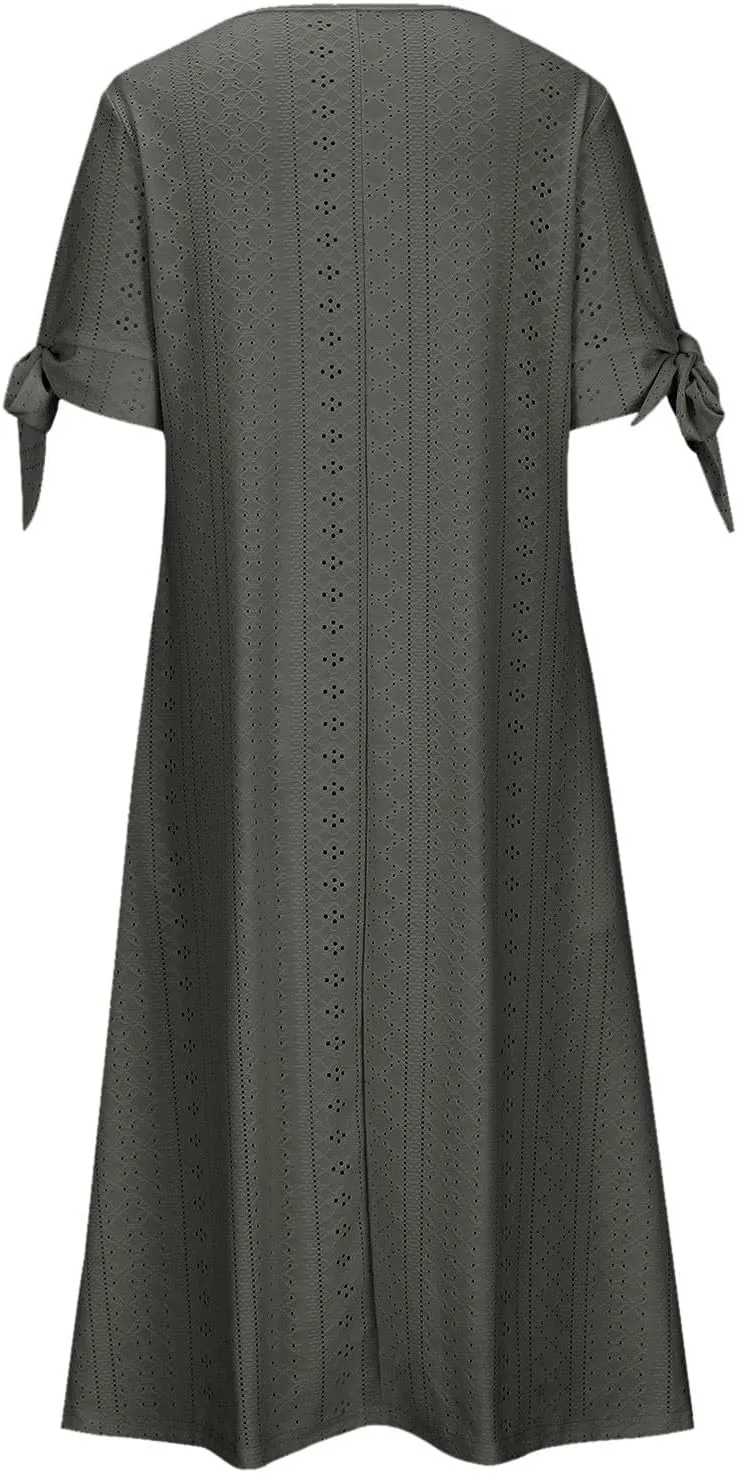 Maxi Dresses for Women 2025 Casual Short Sleeve Eyelet Dresses V Neck Loose Fit Sundress Summer Beach Vacation Dress