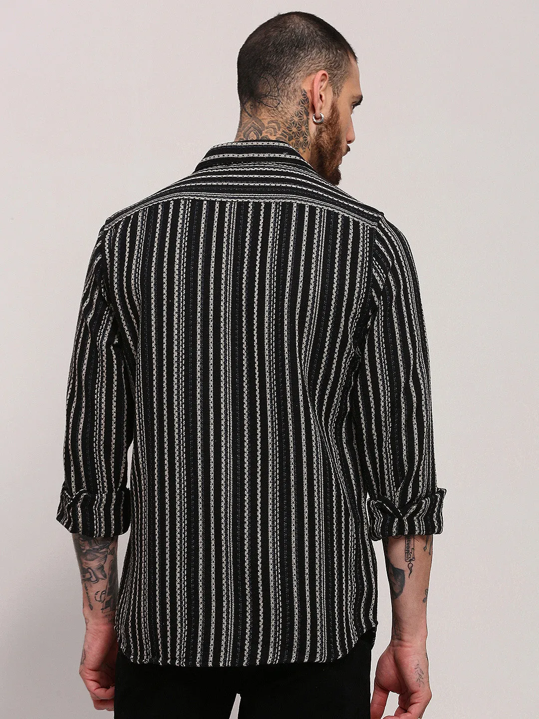 Men Black Spread Collar Striped Shacket