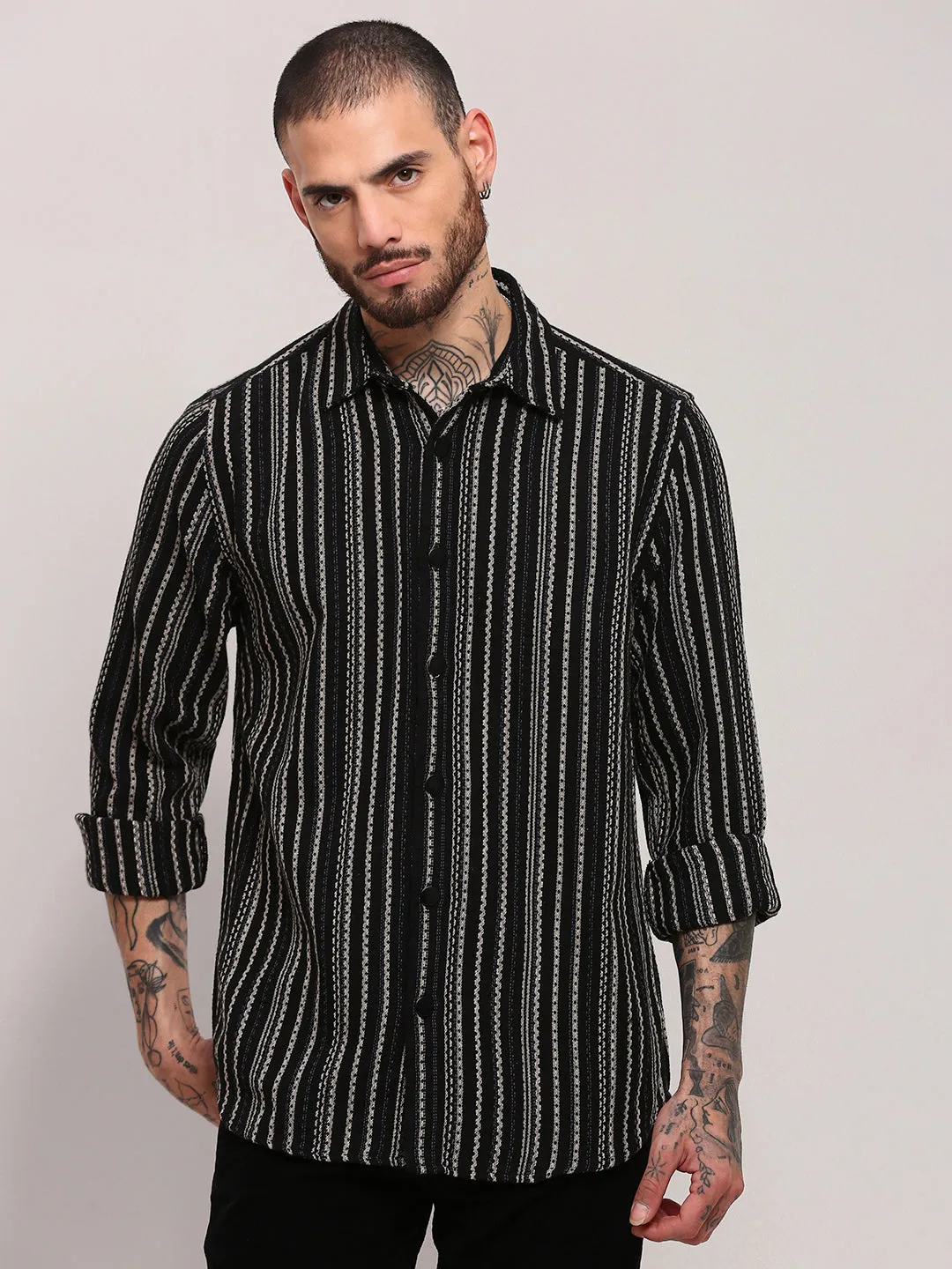 Men Black Spread Collar Striped Shacket