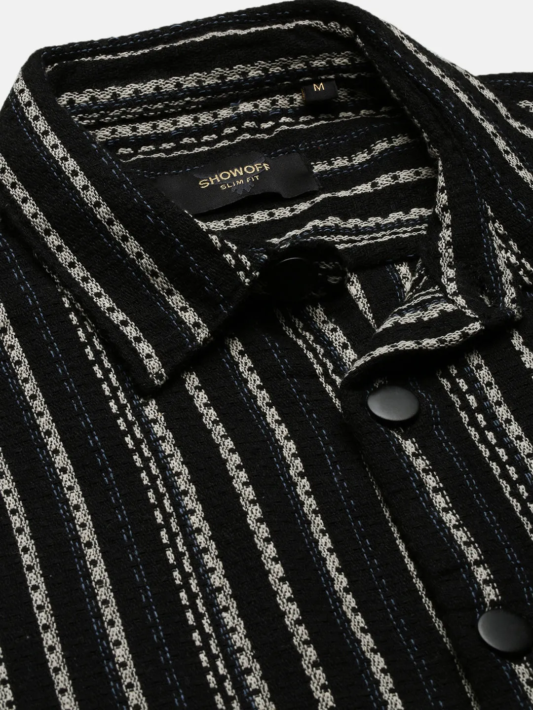 Men Black Spread Collar Striped Shacket