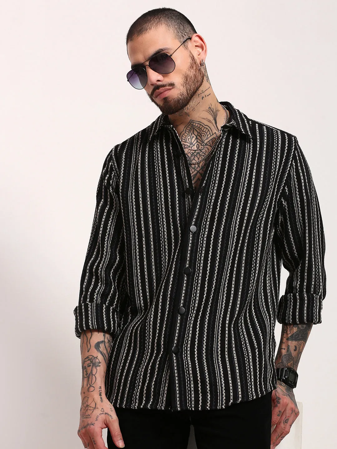 Men Black Spread Collar Striped Shacket
